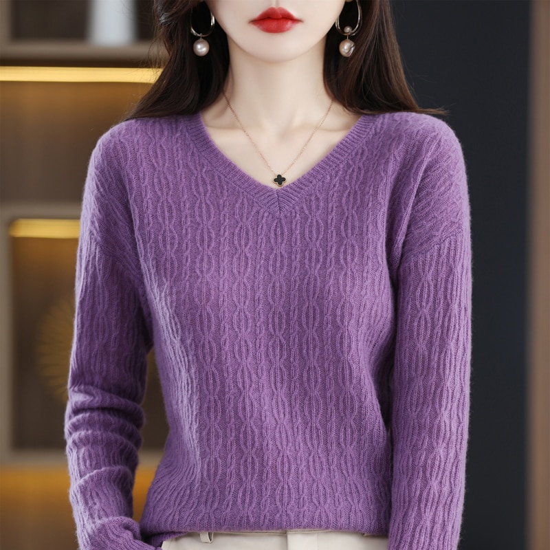 100% pure wool V-neck women's pullover cashmere sweater spring and autumn new warm knitting fashion long sleeve solid color