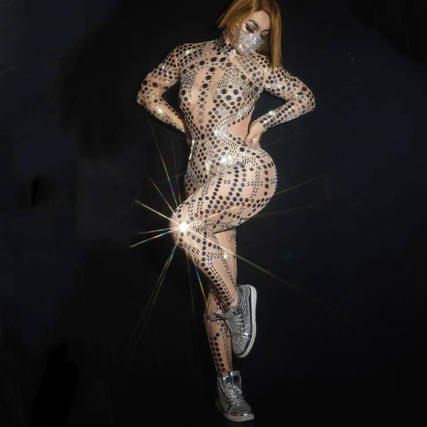 Ladies Sparkling Mirror Sequins Unitard Sexy One Piece Romper Nude Sheer Women Jumpsuit for Nightclub X2007029