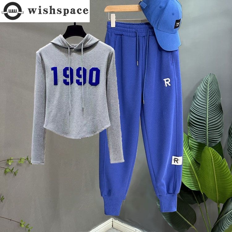 Fashion Sports Letter Print Hoodie Klein Blue Casual Pants Two-piece Student Pants Set Running Tracksuit Outfits