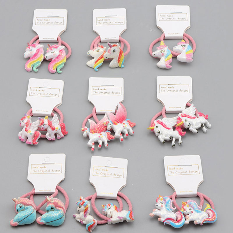 2Pcs Unicorn Girl Scrunchie Glitter Hair Rubber Unicorn For Girl Children Cute Dolphin Hair Bands Baby Headwear Hair Accessories