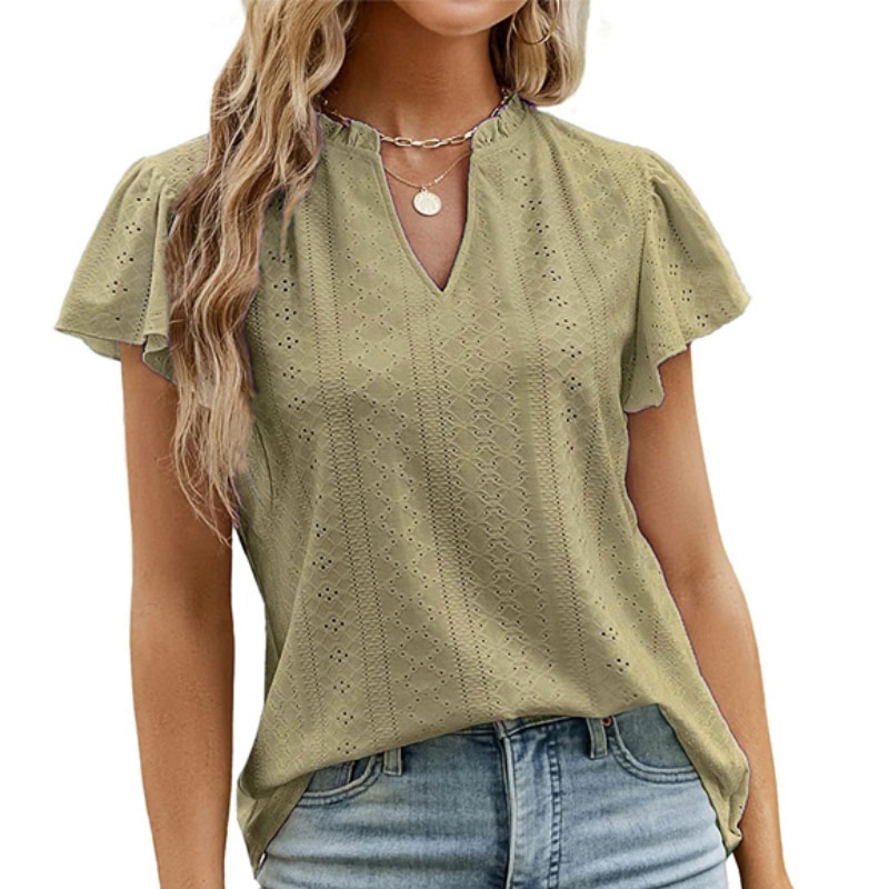 2023 Summer New Fashion Office Lady Women Tops Jacquard Hook Flower Hollow V-neck Short Pile Sleeve Shirt Clothes Blusas 24854