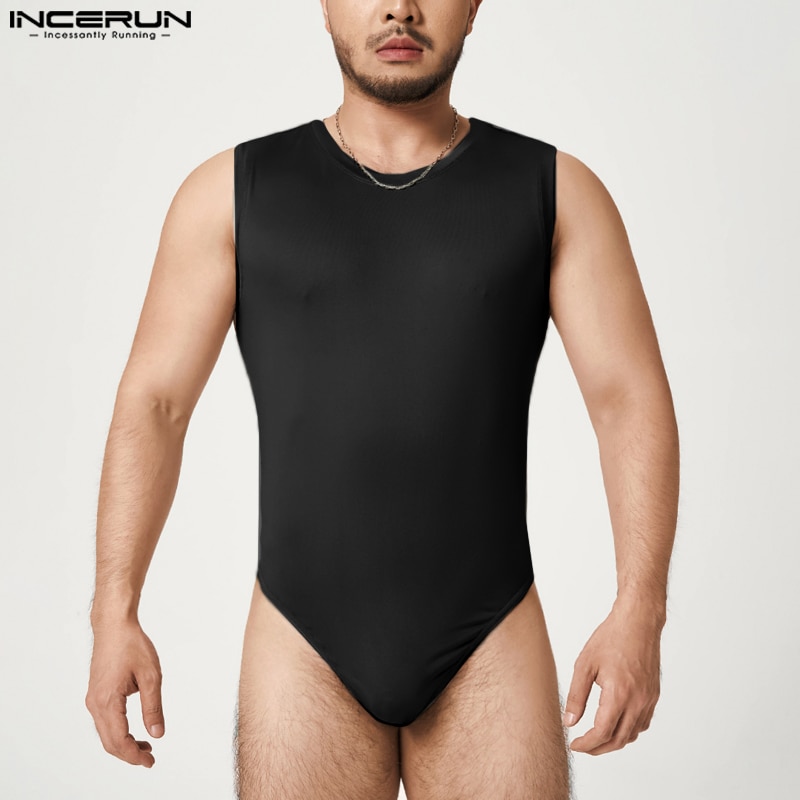 INCERUN 2023 Men Bodysuits Solid Color O-neck Sleeveless Summer Fitness Men Rompers Pajamas Sexy Fashion Vests Bodysuit S-5XL