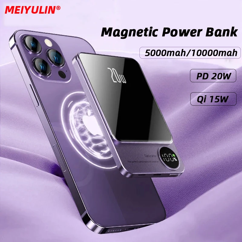 10000mAh Magnetic Wireless Power Bank 5000mAh Portable PD 20W Fast Charging External Battery for iPhone 14 13 Samsung Powerbank