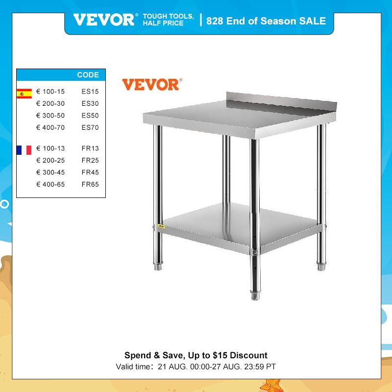 VEVOR 30 x 24 x 35/36 x 24 x 35 Inch Stainless Steel Prep Table 440lbs Load Capacity with Backsplash and Adjustable Undershelf