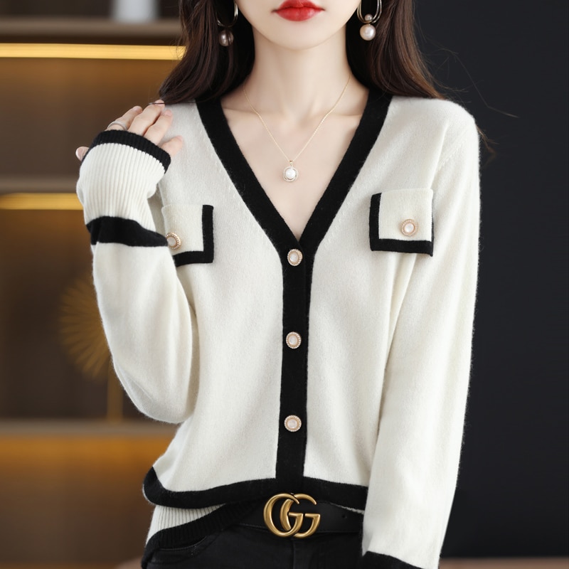100% pure wool fragrance ladies sweater coat knitted cardigan with 2023 new women's spring and autumn coat V-neck.