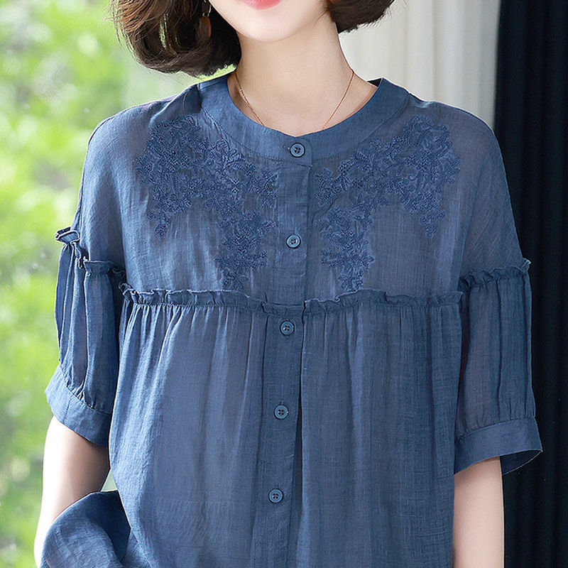 Fashion Spliced Button Embroidery Ruffles Shirt Women's Clothing 2023 Spring New Oversized Casual Tops All-match Commute Bl