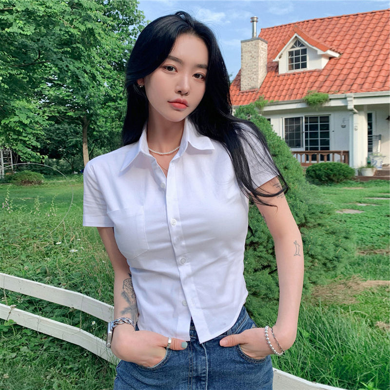 Deeptown Women White Blouse Basic Short Sleeve Shirts Korean Fashion Preppy Style Female Office Wear Button Up Tops All-match