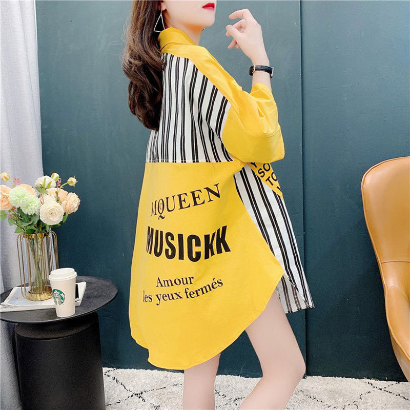 High Street Fashion Turn-down Collar Midi Blouse Women's Clothing Striped Letter Printed Summer New Casual Single-breasted 