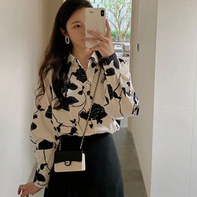 MEXZT Vintage Women Shirts Spring Pringt Loose Turn Down Collar Blouses Streetwear Ladies Casual Long Sleeve All Match Tops