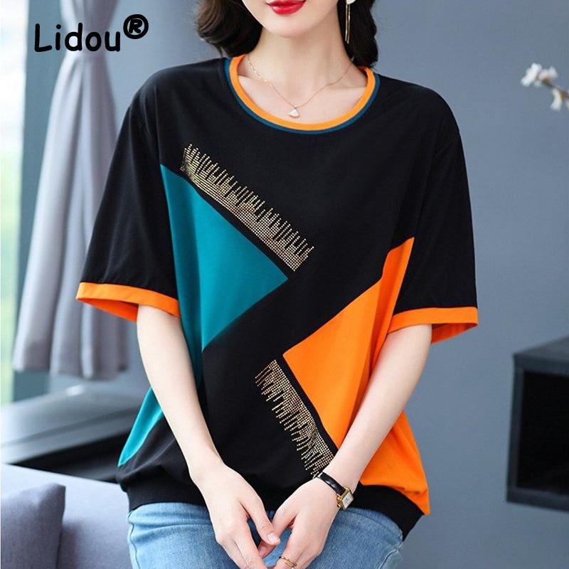 Rhinestone Contrast Color Patchwork Casual Oversized Ice Silk Knitwears Women Summer Fashion Short Sleeve Top Female Clothes2023