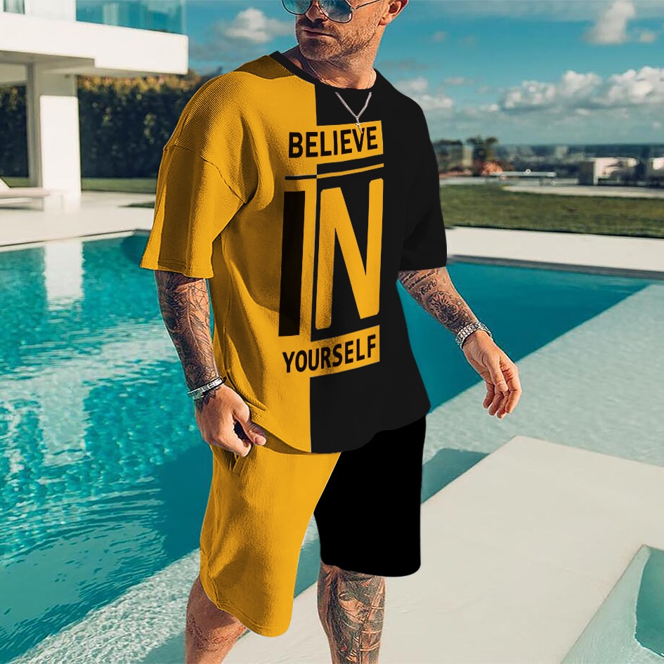 2023 Men's T-shirt Letter 3D Print Set Two Piece Tracksuit Harajuku Oversized Sportswear Men's Retro Style Fashion Sho