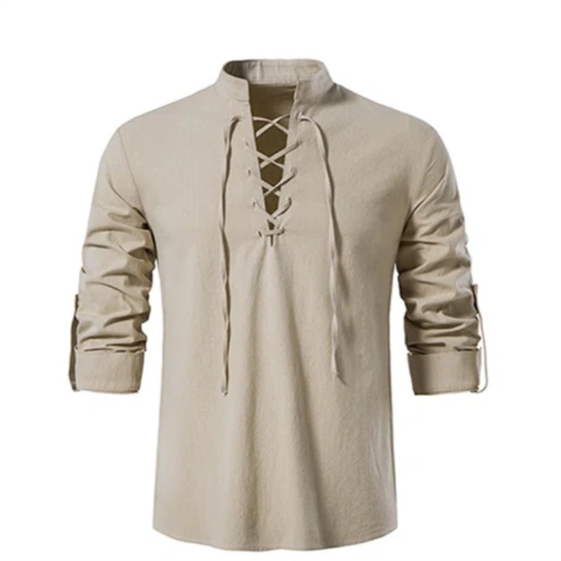 2023 New Men's V-neck Shirt T-shirt Fashion Vintage Thin Long Sleeve Top Men Casual Breathable Viking Front Lace Up Man Shi