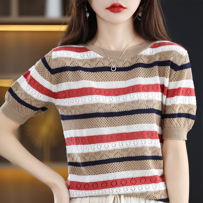 2023 new 100% wool short-sleeved women's round neck pullover spring and summer casual knitting slim T-shirt fashion half sl