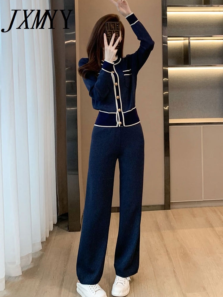 JXMYY Spring Fashion New White Light Luxury Elegant Elegant Knitted Suit Slimming Wide Leg Pants Two-Piece Suit Women's Clo