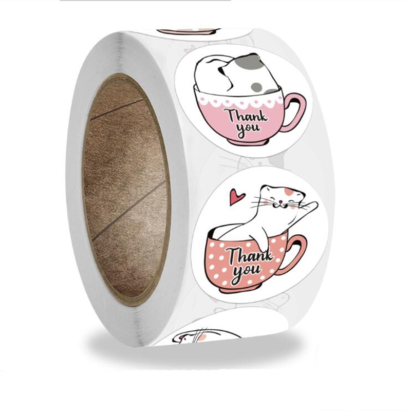 50-500PCS Kawaii Teacup Cat Thank You Sticker Aesthetic Labels Sealing Stationery Supply Decoration Scrapbook Supply for Kids