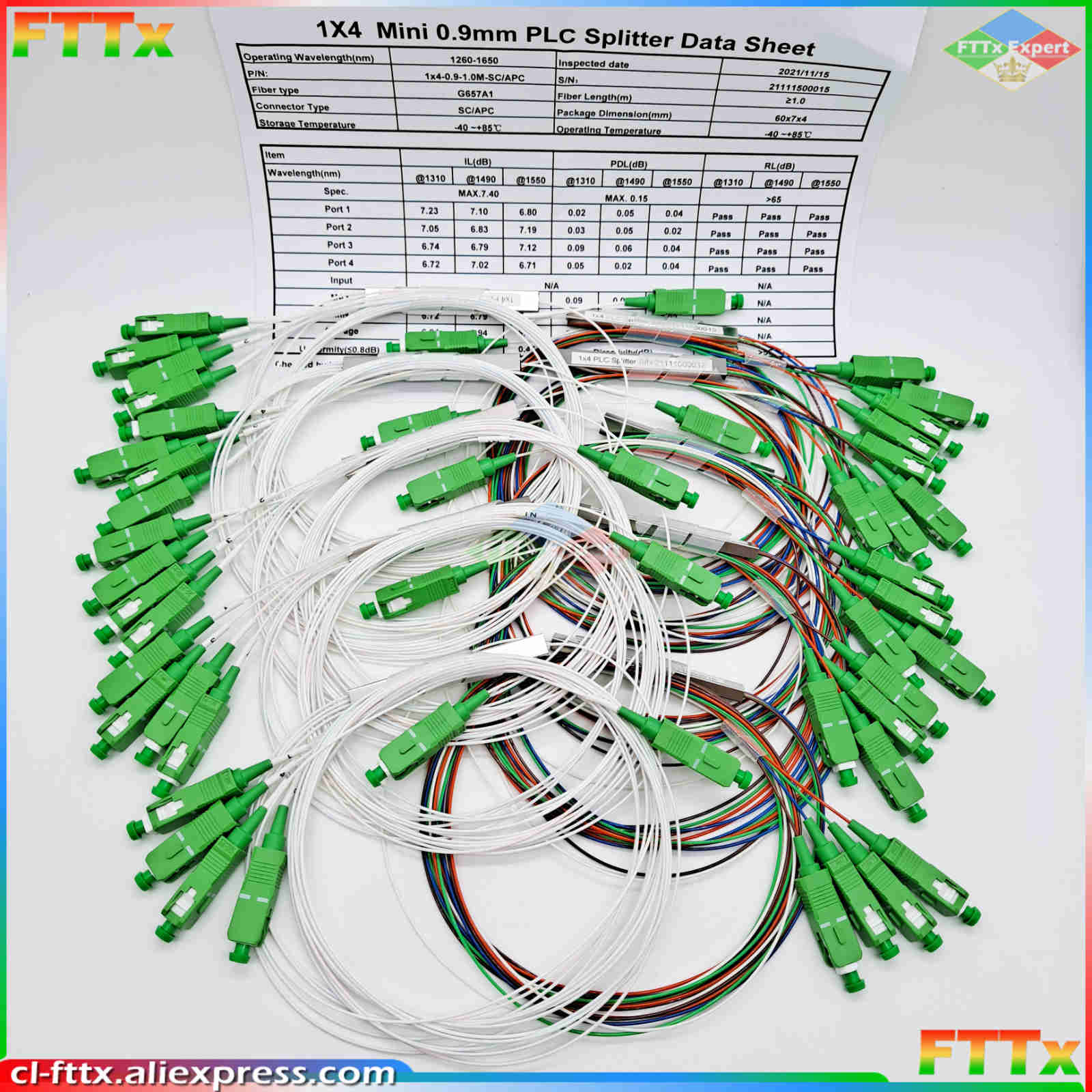 10pcs/lot FTTH Fiber Optic Splitter 1x2 1x4 1x8 1x16 1x32 PLC SC/APC SM Singlemode 0.9mm G657A1 LSZH 1m FTTH