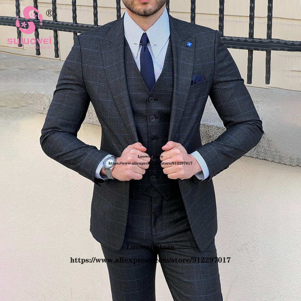 Fashion Caual Plaid Suit For Men Slim Fit 3 Piece Jacket Vest Pants Set Business Blazer Formal Groom Wedding Peaked Lapel Tuxedo