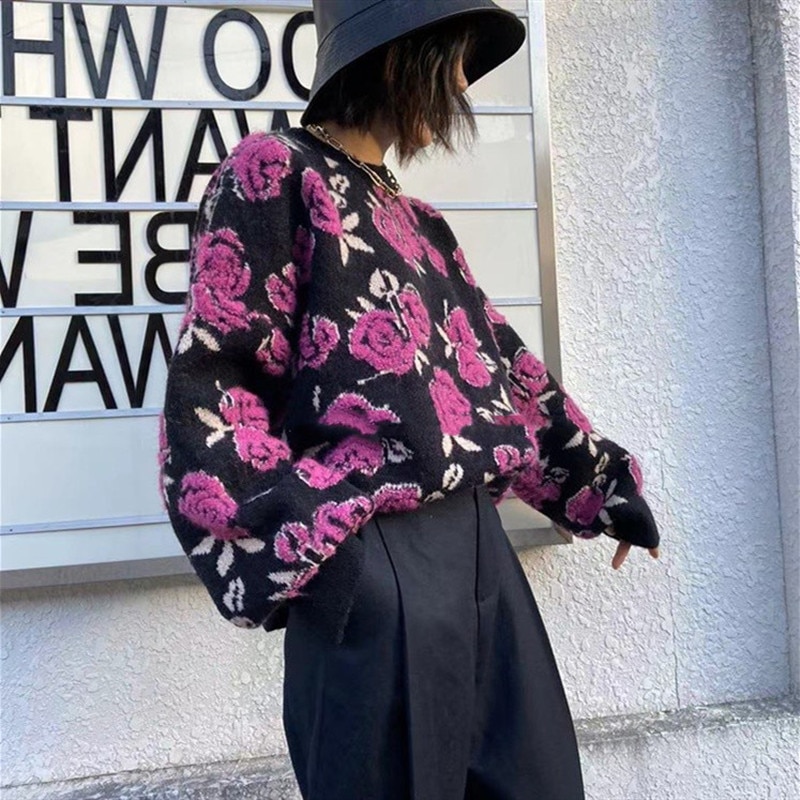 Pullover Women Autumn Winter Vintage Floral Knit Sweater Loose Casual Knitwear Sweater Oversize Ulzzang Long Sleeved Warm Jumper