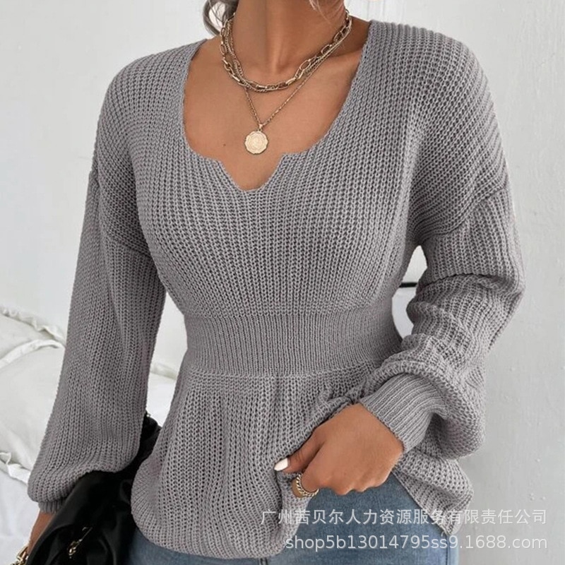 Women's Knitted Sweater Spring Solid Color Slim High Waist Sweater Women's Lantern Sleeve V-neck Flounce Stitching Swe