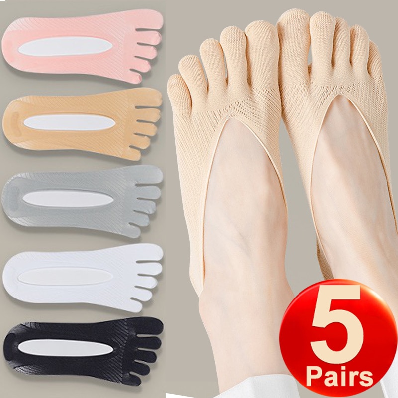 10Pcs=5Pairs Women's Summer Five Finger Socks Ultra-thin Boat Socks Funny Toe Invisible Sock Silicone Non-slip Velvet Socks