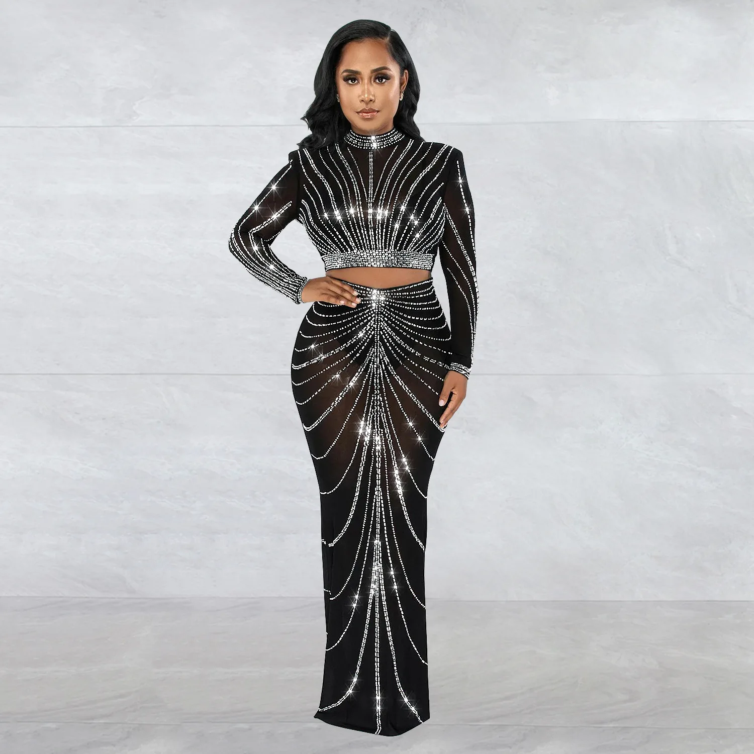 Clothing 2023 Rhinestone Mesh See Through Long Sleeve Dress Set for Women Birthday Sexy Night Club Party 2 Piece Sets Outfit