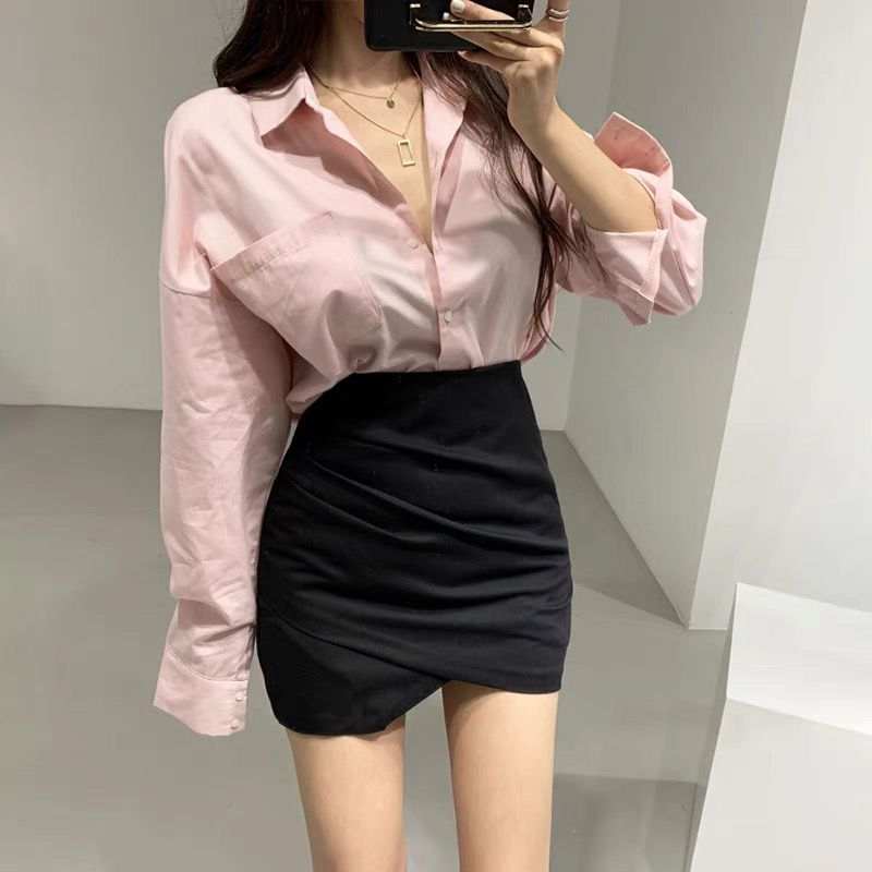 Two-piece half-body skirt female loose white shirt top irregular package hip skirt black thin short skirt set tide