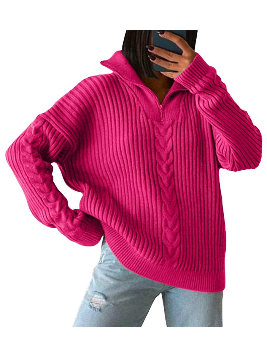 Women s Sweaters Long Sleeve 1 4 Zip Pullover Waffle Knit Casual Lapel Collar Long sleeve Drop Shoulder Jumper Sweater Tops