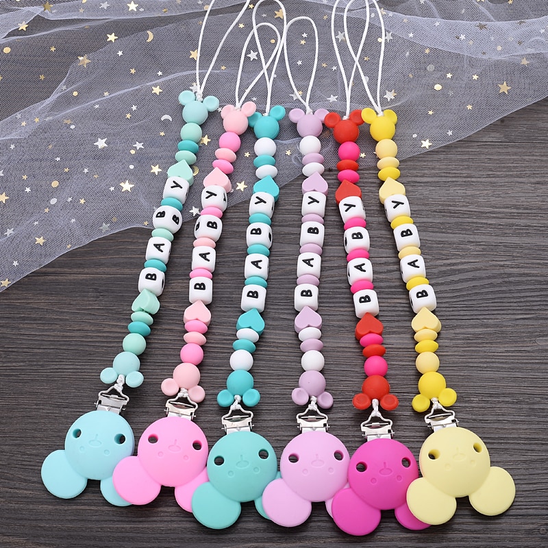 Cartoon Baby Pacifier Clips Customized Name Silicone Beads Nursing Teether Chew Toys Infant Dummy Nipple Chain Shower Gifts