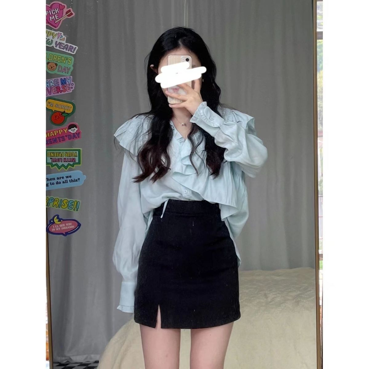 Blue Ruffle Female Tops Summer 2023 Design Sense Niche V Collar Shirt Black Half-body Skirt Set Tide
