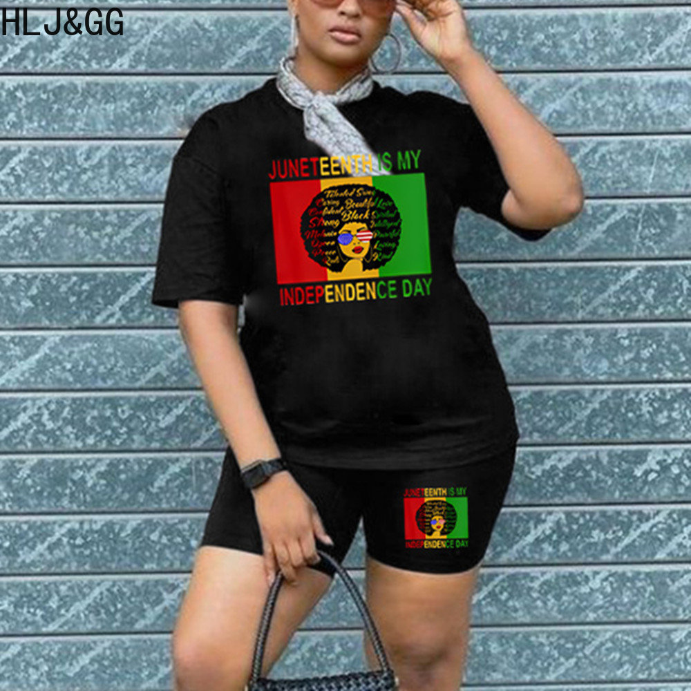 HLJ&GG Fashion Pattern Print Streetwear Women Round Neck Loose Tshirt + Biker Shorts Two Piece Sets Casual Matching 2pcs Out