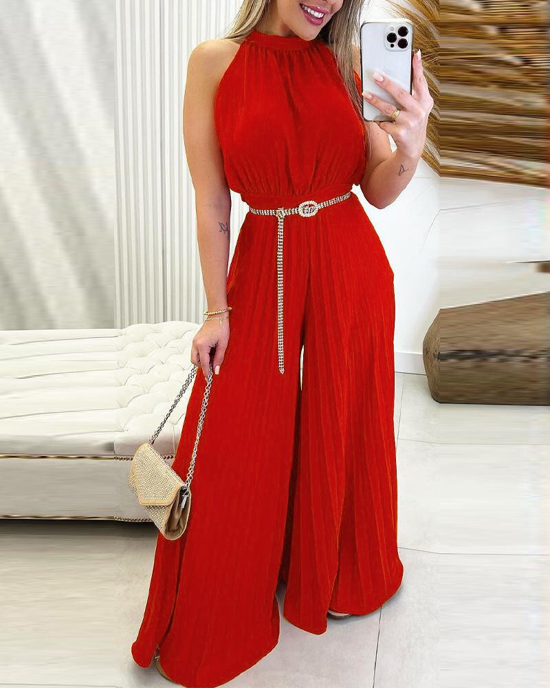 Sleeveless Pleated Wide Leg Jumpsuit Without Belt Women Solid Color Spring Summer Overall Pants Jumpsuit Loose