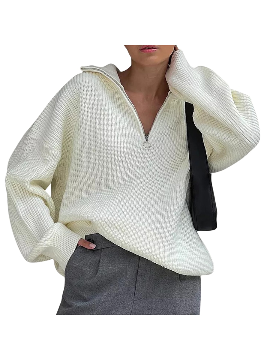 Women s Sweaters Long Sleeve 1 4 Zip Pullover Waffle Knit Casual Lapel Collar Long sleeve Drop Shoulder Jumper Sweater Tops