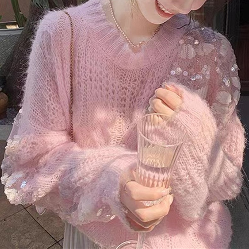 2022 Women Shiny Thicken Warm Sequin Sweater Female Harajuku Tassel Sequins Bead Sweaters Knitted Jumper Femme Pullovers Mujer