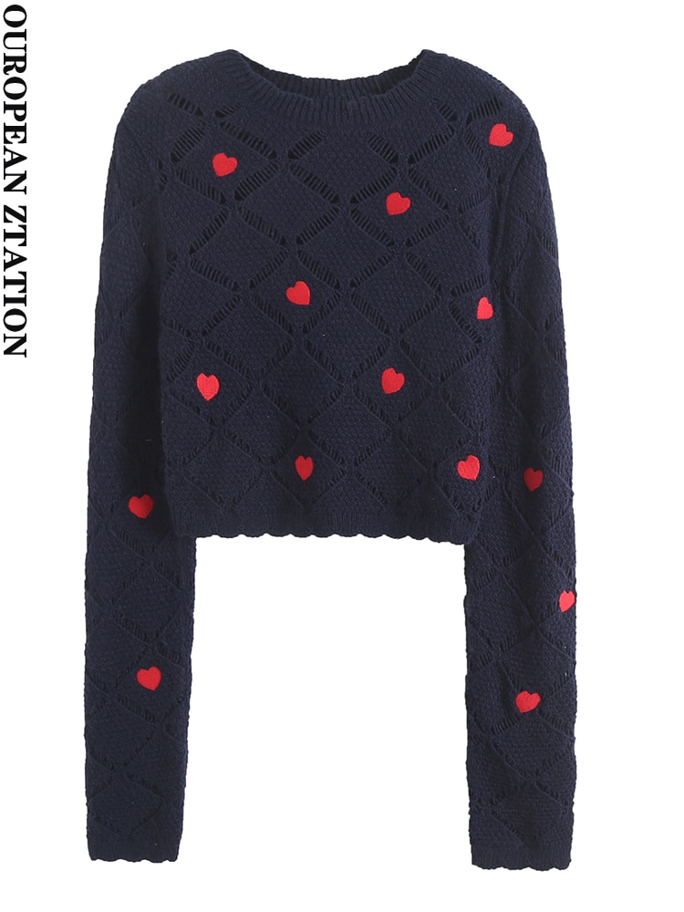 PAILETE Women 2023 fashion heart embroidered pointelle crop knit sweater vintage o neck long sleeve female pullovers chic tops