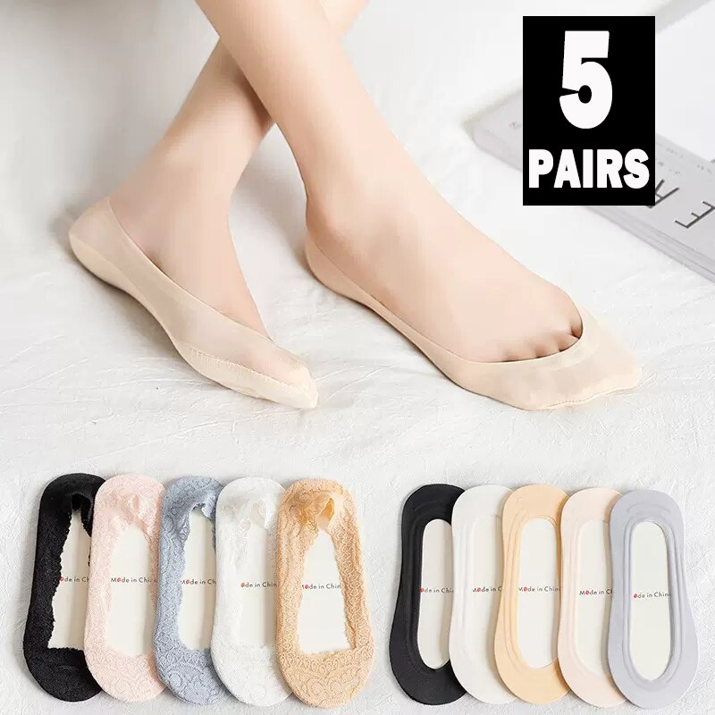 5Pair Summer Women Lace Socks Slippers Non-slip Breathable Ice Silk Invisible Sock Sexy Non-slip Cool Thin Socks Fashion Sock