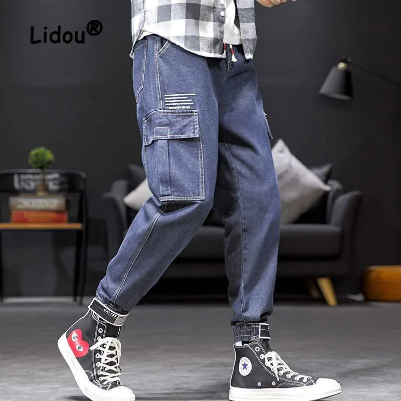 Spring Autumn New Loose Cowboy Cargo Pants Classic Waist Drawcord Street Leisure Korean Handsome Youth All-match Male Trousers