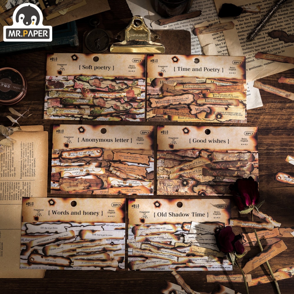 Mr. Paper 6 Styles 30 Pcs/pack Vintage Stickers Art Personalized Long Strips of English Burned Handbook Decoration DIY Material