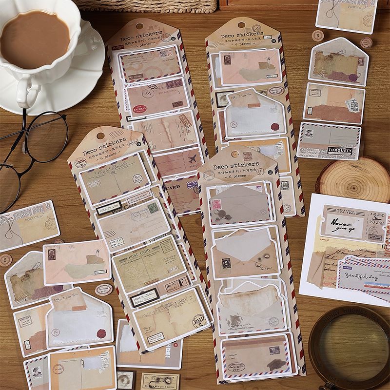 MOHAMM 6 Sheets Envelope Stamps Writable Vintage Handbooks Materials DIY Decorative Stickers