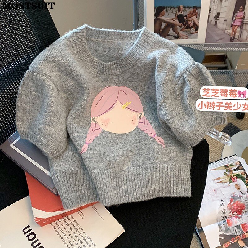 2023 Summer Grey Cartoon Printed Sweater Tops Women Puff Short Sleeve O-neck Korean Fashion Pullover Casual Stylish Knitwear