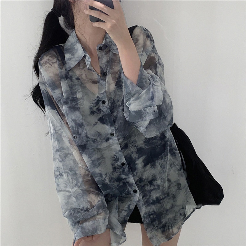 Korean Summer Lady Holiday Loose Sun-proof Blouses Embroidery Fashion Women Shirts Tie Dye Harajuku Gothic Top Casual Clothes