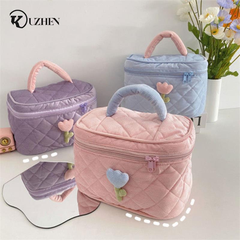 Solid Color Flower Makeup Bag Set Zipper Large Soft Corduroy Cosmetic Bag