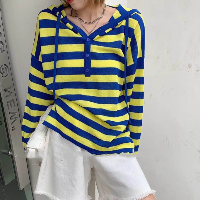 DAYIFUN Striped Knit Pullovers Women Summer Ice Silk Sweater Casual Long Sleeve Hooded Tops female Sun-proof Breathable Outwear