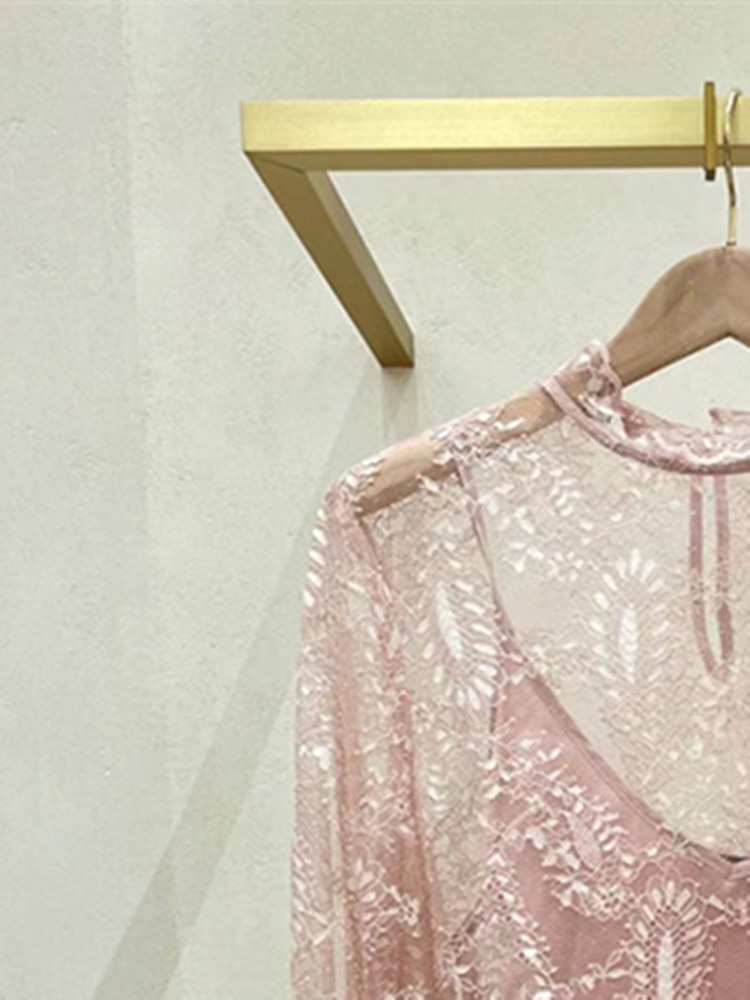 Women's Shirt Two Piece Lace Translucent Long Sleeve O-Neck Sweet Spring Summer 2023 Blouse