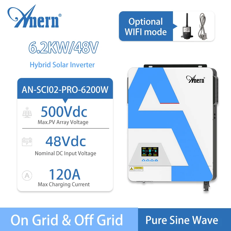 Anern 6200W 3600W Hybrid Solar Inverter Mppt 24v 48v 220VAC Max PV 500Vdc on Grid Off Grid Tie Inverter Pure Sine Wave