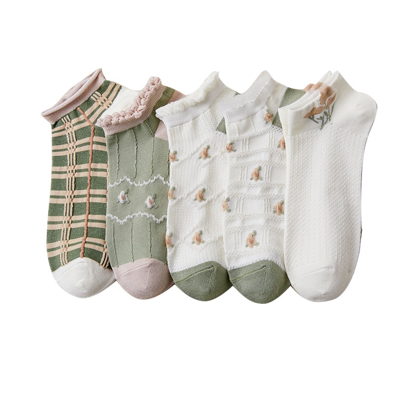 2023 Fashion Green Socks Women Thin Breathabe Low Cut Ankle Socks Harajuku Flower Sweet Girls Japanese Kawaii Cute Short Socks
