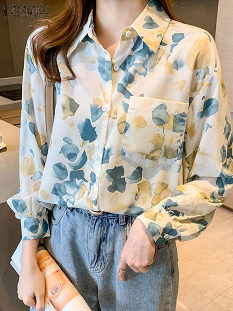 Bohemian Women Long Sleeve Shirt Spring Summer Holiday Loose Shirt Oversized ZANZEA Casual Lapel Neck Elegant OL Blusa Femininas