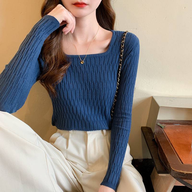 Square Neck Sweater Women's Fashion Slim Pullover Low-neck Long-sleeved Basic Knitted Sweater Autumn and Winter Solid Jumpe