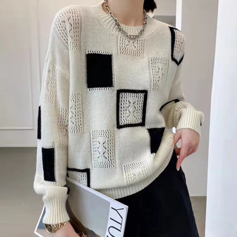 Women Fashion Tops Oversized Sweater Autumn Winter New Colorblock Plaid Knitted Pullovers Round Neck Retro Warm Sweaters