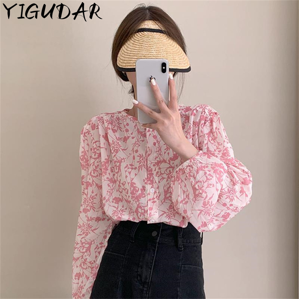 Summer sweet simple Blouse Women Spring and Summer Fahsion Loose Flower Top Long Sleeve Chiffon Shirt Girl ropa para mujer