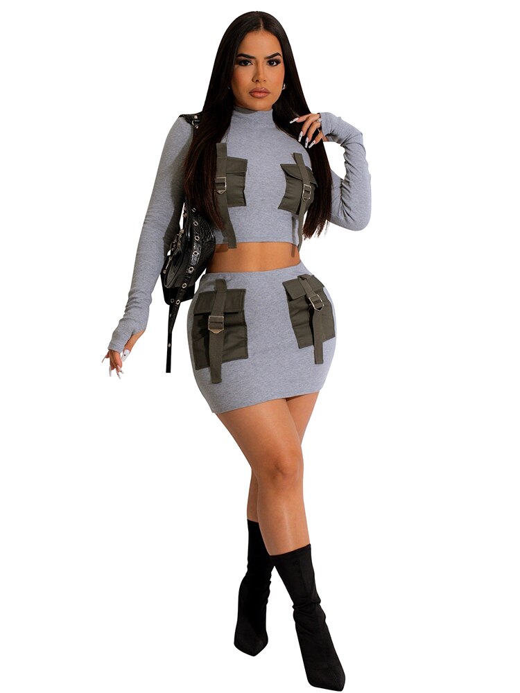 Sexy Two Piece Clubwear Party Set Patchwork Pockets Short Tops And skirts High Waist Night Club Outfits For Women Bodycon Sets